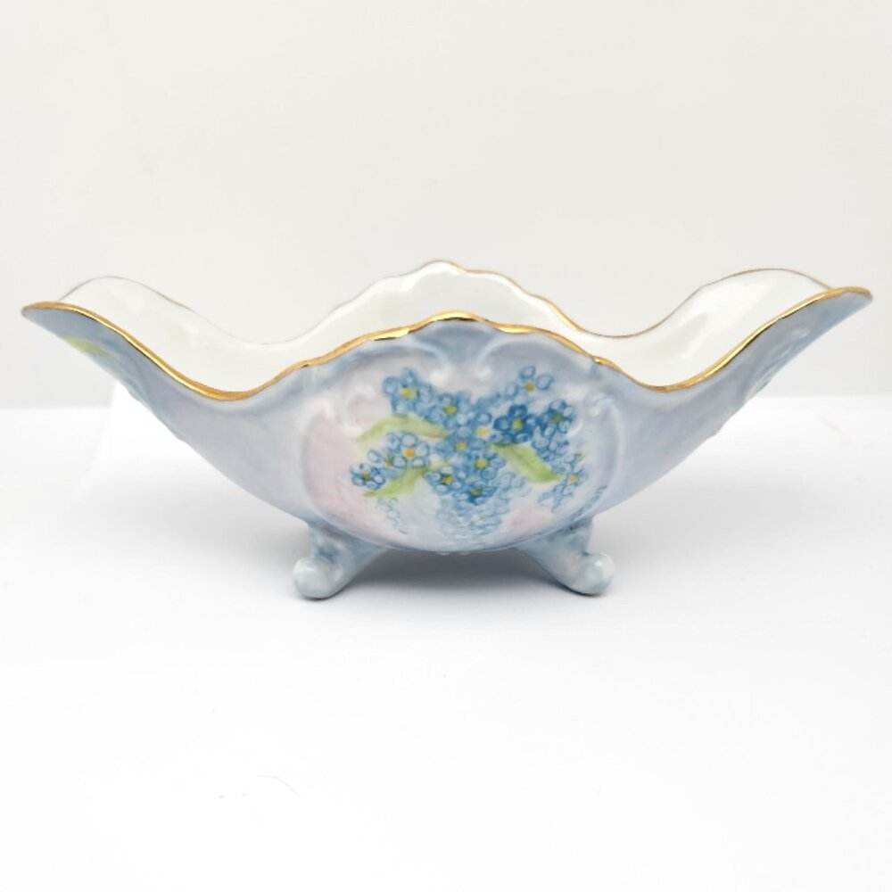 Vintage Frieda Anderson Hand Painted Ceramic Footed Bowl, Floral, Blue, Gold